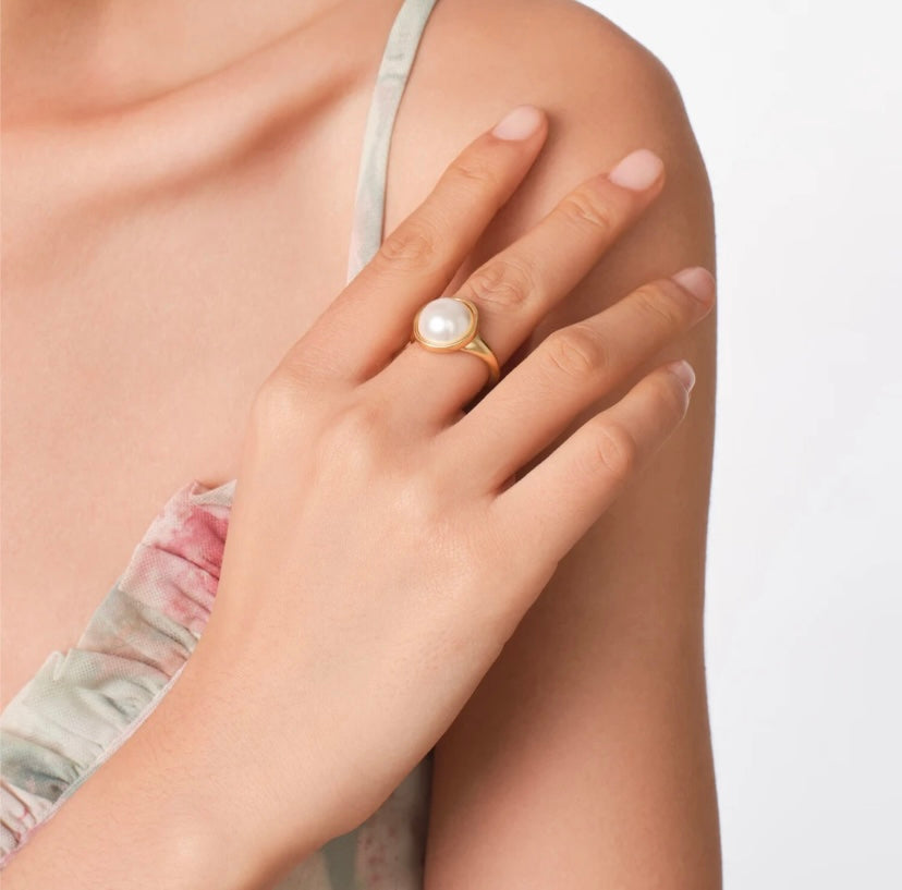 Adjustable Pearl Ring for Women – Elegant Gold Plated Open Band Ring with Simulated Pearl