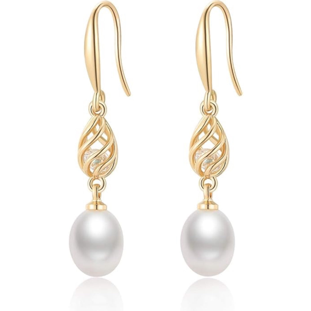 Pendientes colgantes de perlas cultivadas de agua dulce para mujer, de plata de ley chapada en oro de 14 quilates.