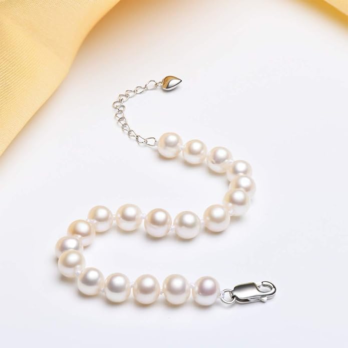 Pulseras de perlas cultivadas de agua dulce blancas redondas de plata de ley 925. Regalos.