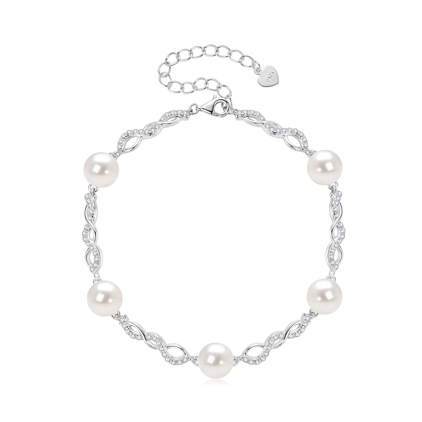 Pulsera de perlas de plata de ley bañada en oro con perla blanca cultivada en agua dulce, pulsera hecha a mano con diseño infinito, joyería