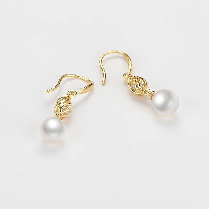Pendientes colgantes de perlas cultivadas de agua dulce para mujer, de plata de ley chapada en oro de 14 quilates.