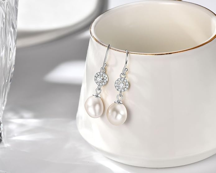 Elegant Sterling Silver Freshwater Pearl Drop Earrings for Women Classic Dangle Wedding Jewelry Gift