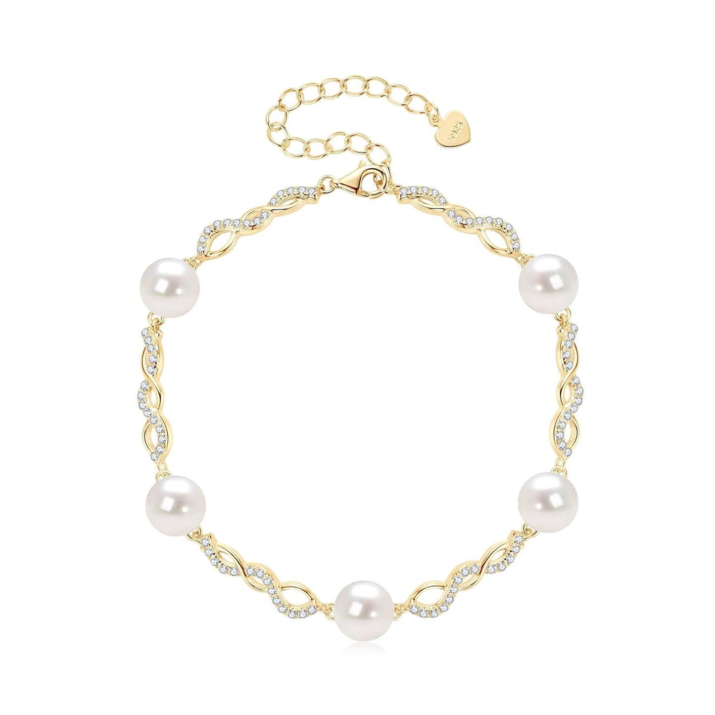Pulsera de perlas de plata de ley bañada en oro con perla blanca cultivada en agua dulce, pulsera hecha a mano con diseño infinito, joyería