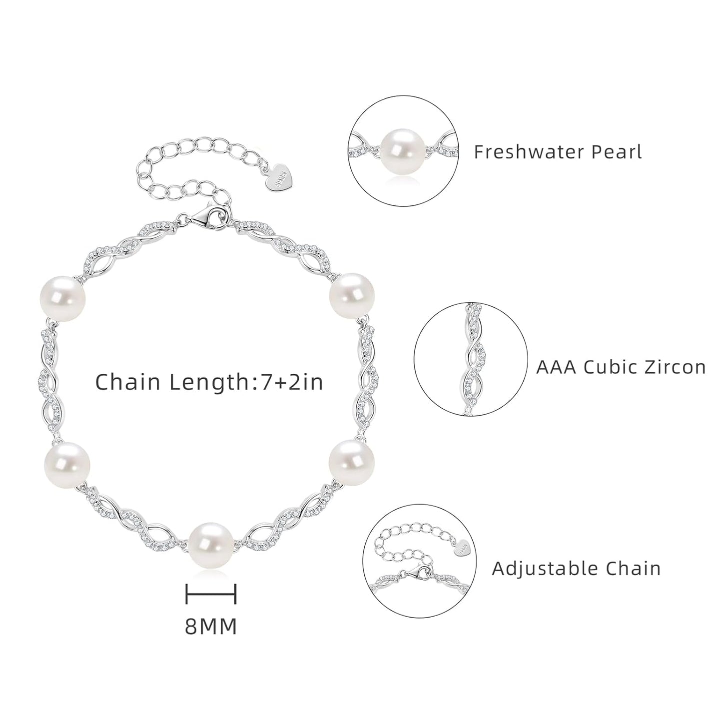 Pulsera de perlas de plata de ley bañada en oro con perla blanca cultivada en agua dulce, pulsera hecha a mano con diseño infinito, joyería