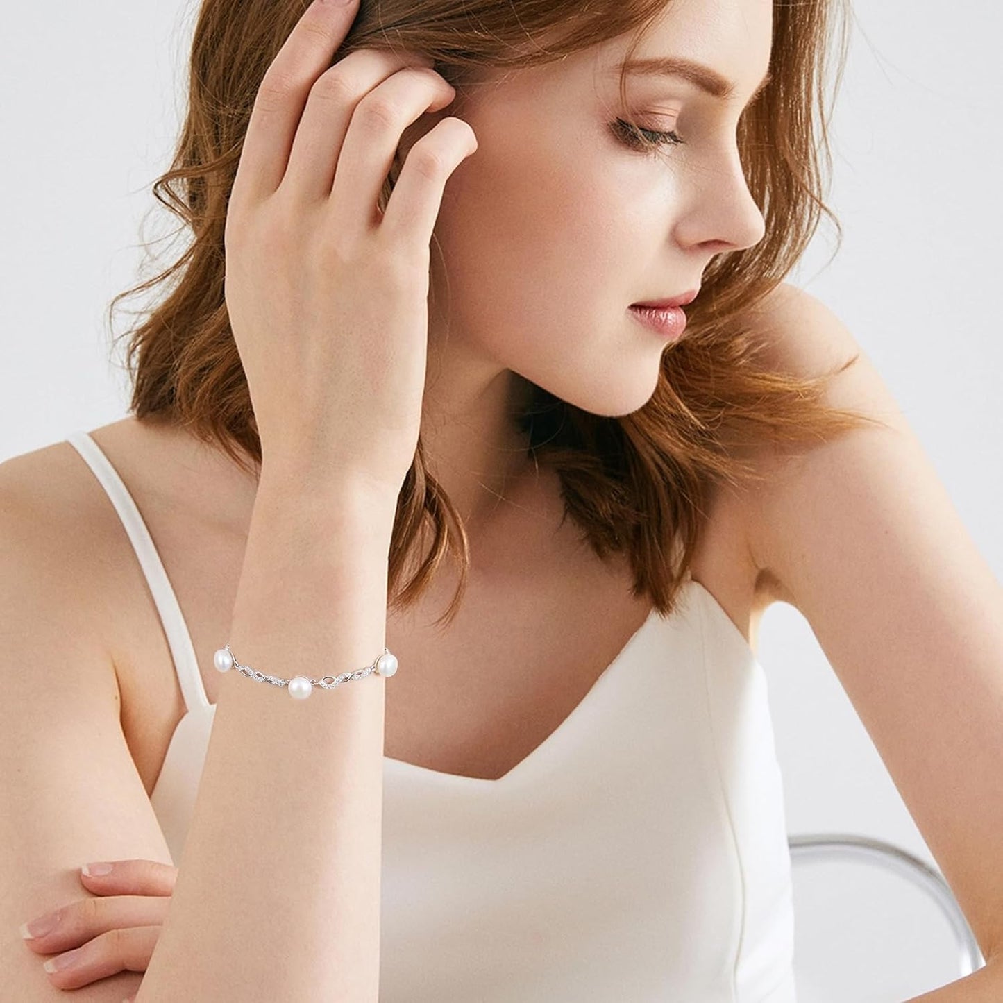 Pulsera de perlas de plata de ley bañada en oro con perla blanca cultivada en agua dulce, pulsera hecha a mano con diseño infinito, joyería
