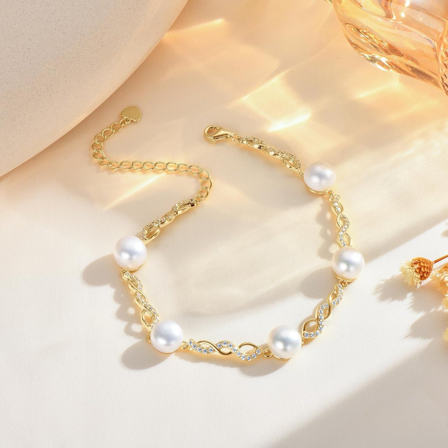 Pulsera de perlas de plata de ley bañada en oro con perla blanca cultivada en agua dulce, pulsera hecha a mano con diseño infinito, joyería