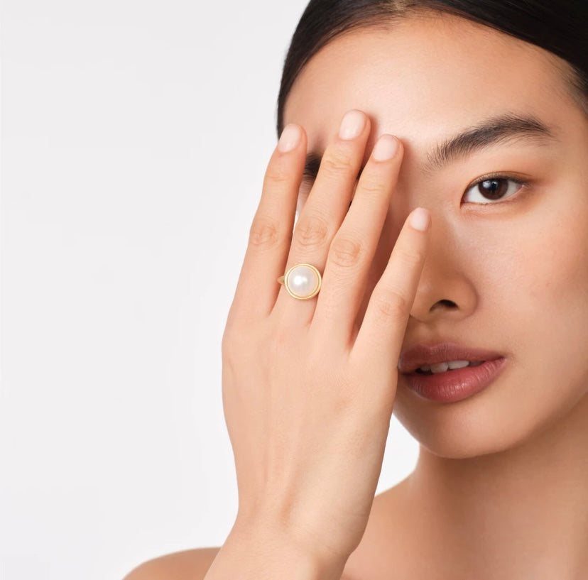 Adjustable Pearl Ring for Women – Elegant Gold Plated Open Band Ring with Simulated Pearl
