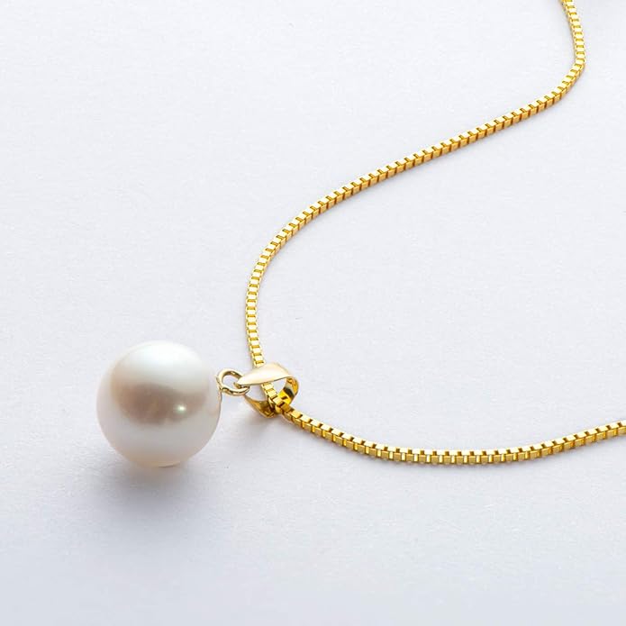 18K Gold Freshwater Cultured White Pearl Necklace Single Pearl Pendant Sterling Silver Chain
