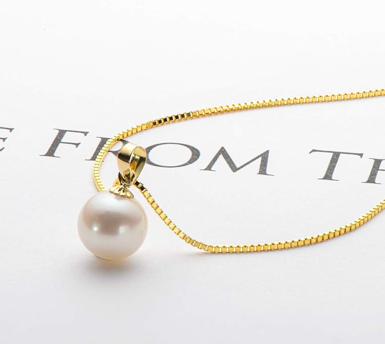 18K Gold Freshwater Cultured White Pearl Necklace Single Pearl Pendant Sterling Silver Chain