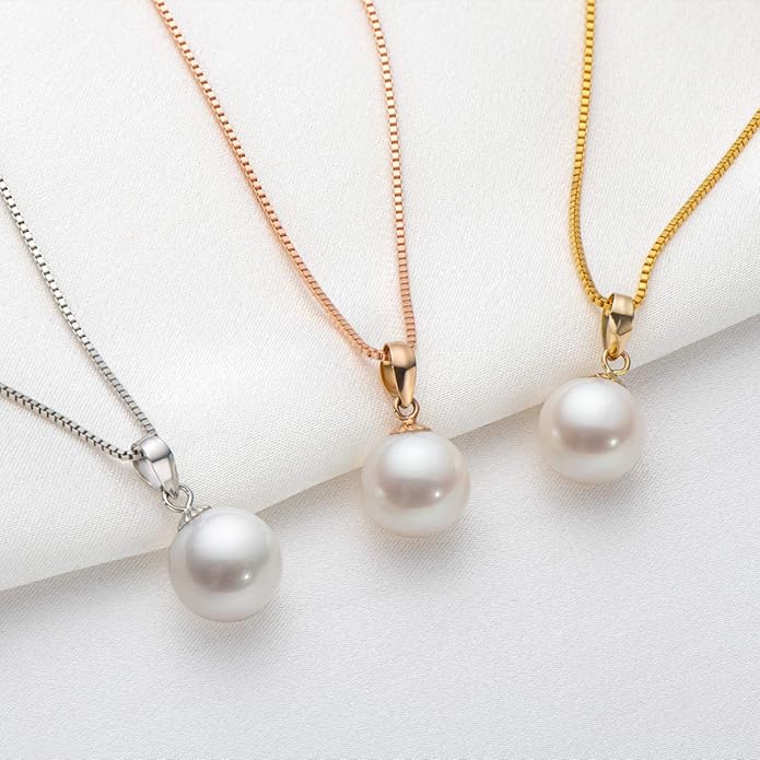 18K Gold Freshwater Cultured White Pearl Necklace Single Pearl Pendant Sterling Silver Chain