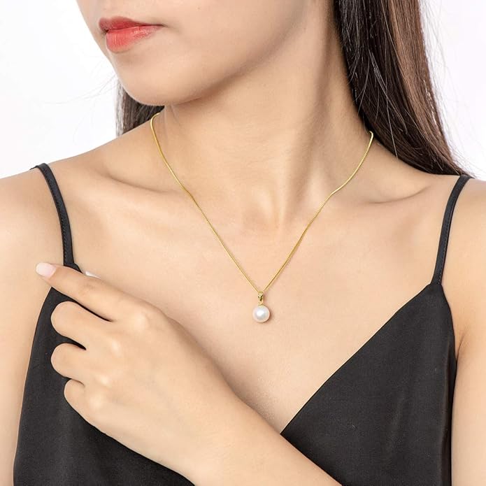 18K Gold Freshwater Cultured White Pearl Necklace Single Pearl Pendant Sterling Silver Chain