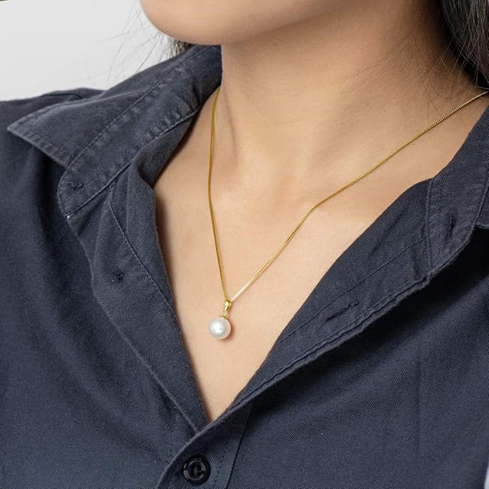 18K Gold Freshwater Cultured White Pearl Necklace Single Pearl Pendant Sterling Silver Chain