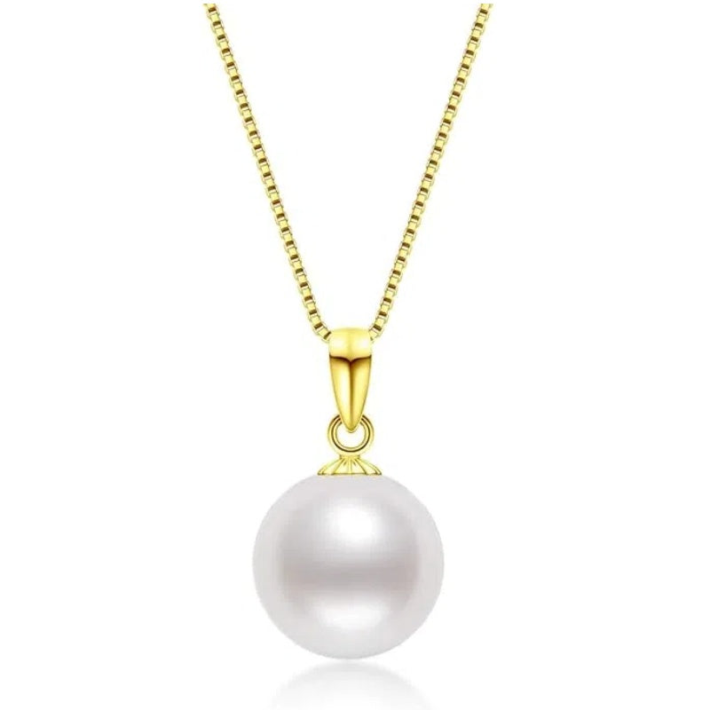 18K Gold Freshwater Cultured White Pearl Necklace Single Pearl Pendant Sterling Silver Chain