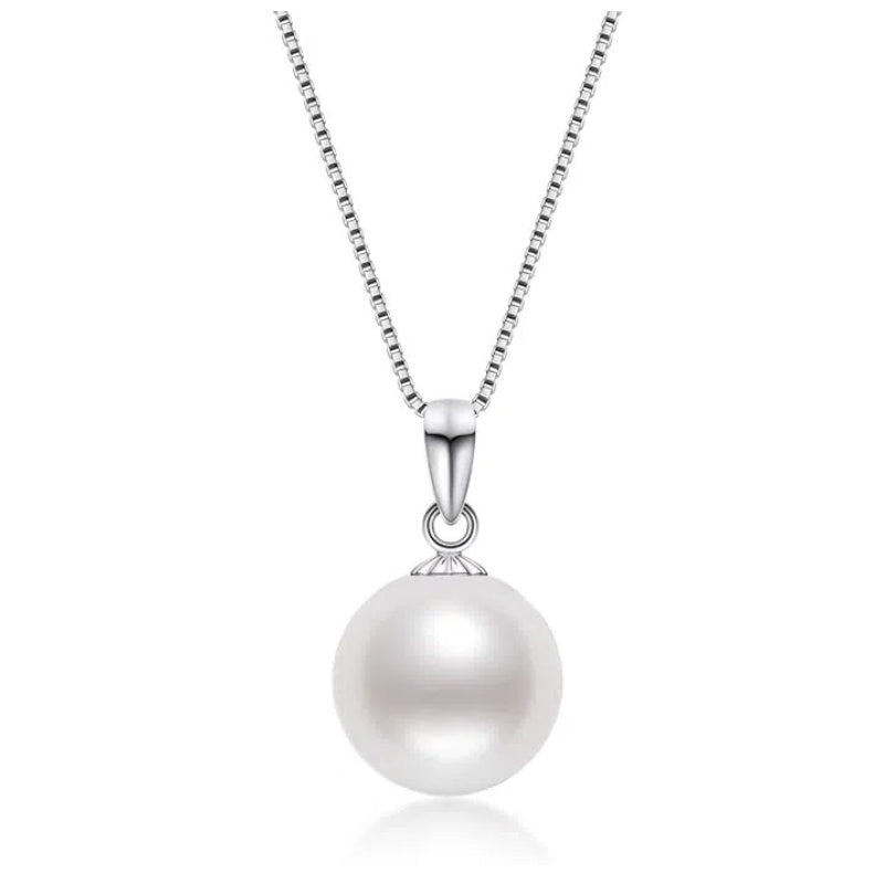 18K Gold Freshwater Cultured White Pearl Necklace Single Pearl Pendant Sterling Silver Chain