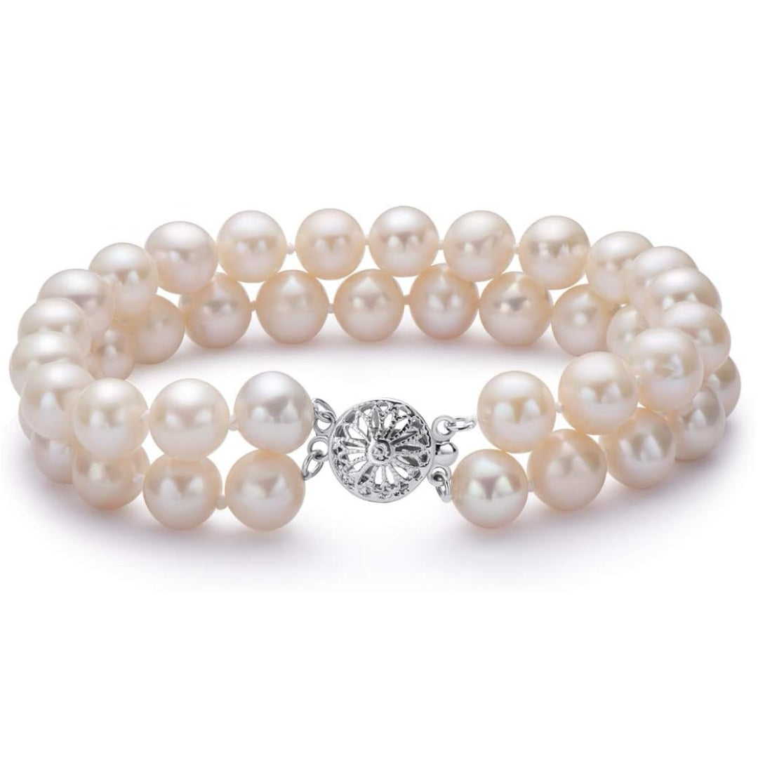 Double Row Pearl Bracelet Two Strand Freshwater Cultured White Pearl Bracelets