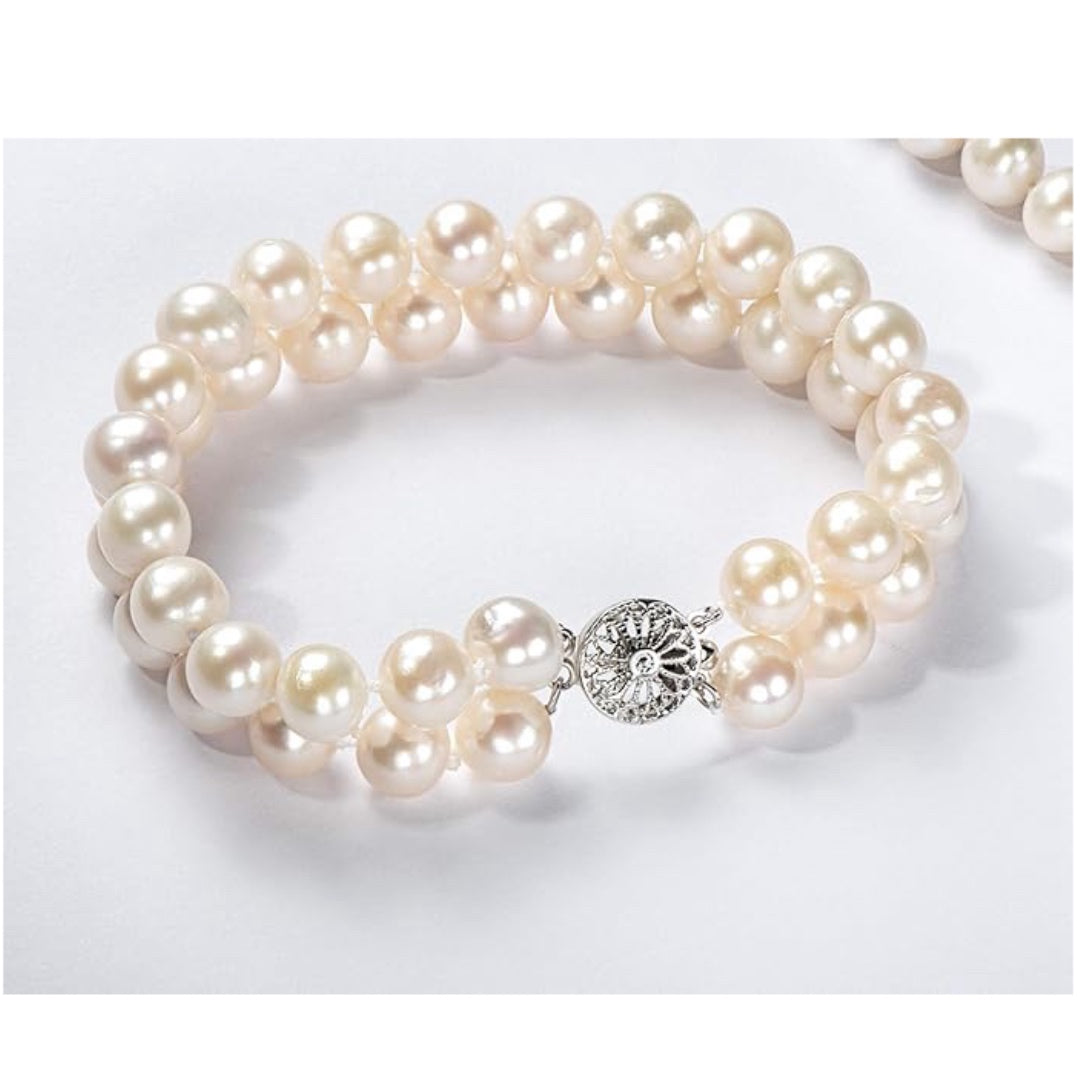 Double Row Pearl Bracelet Two Strand Freshwater Cultured White Pearl Bracelets