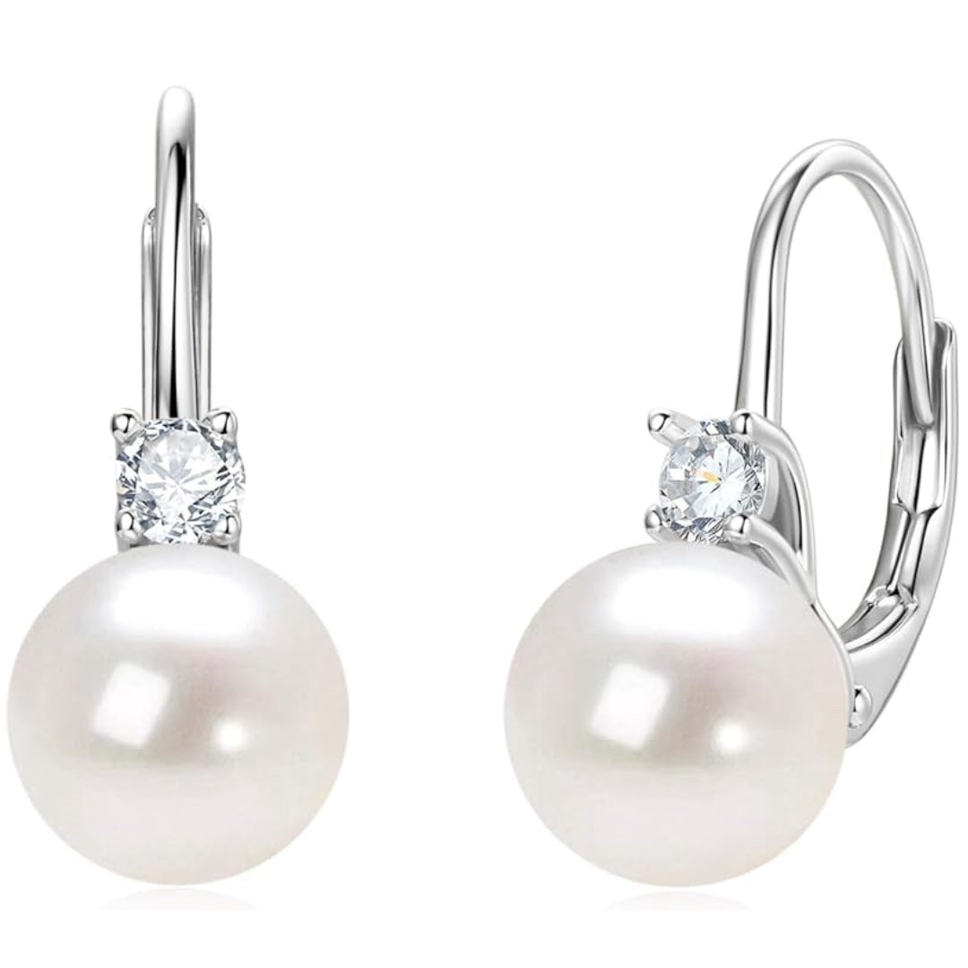 Pearl Hoop Earrings Sterling Silver Freshwater Cultured White Pearl Drop Dangle Earring