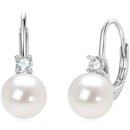 Pearl Hoop Earrings Sterling Silver Freshwater Cultured White Pearl Drop Dangle Earring