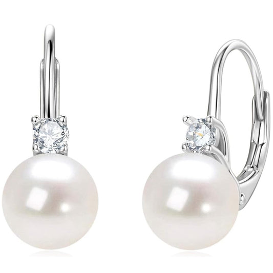 Pearl Hoop Earrings Sterling Silver Freshwater Cultured White Pearl Drop Dangle Earring