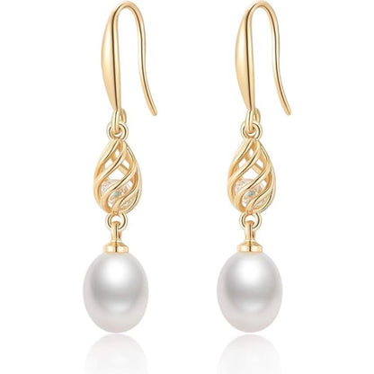 Pendientes colgantes de perlas cultivadas de agua dulce para mujer, de plata de ley chapada en oro de 14 quilates.