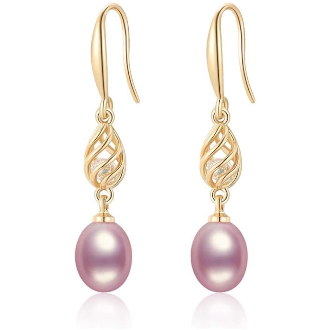 Pendientes colgantes de perlas cultivadas de agua dulce para mujer, de plata de ley chapada en oro de 14 quilates.