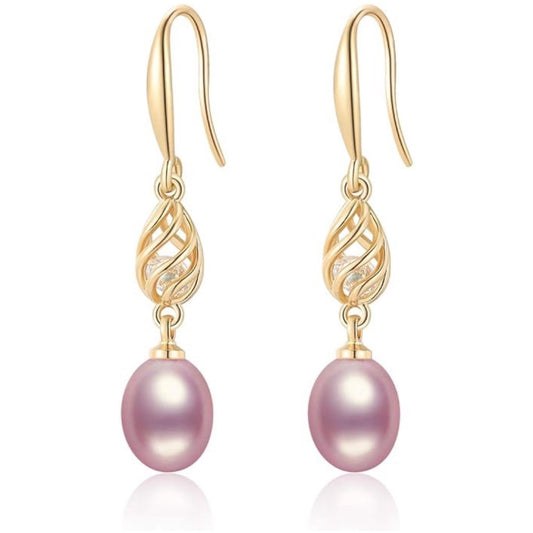 Pearl Dangle Earrings for Women, 14K Gold Plated Sterling Silver Freshwater Cultured Pearl Drop Earrings