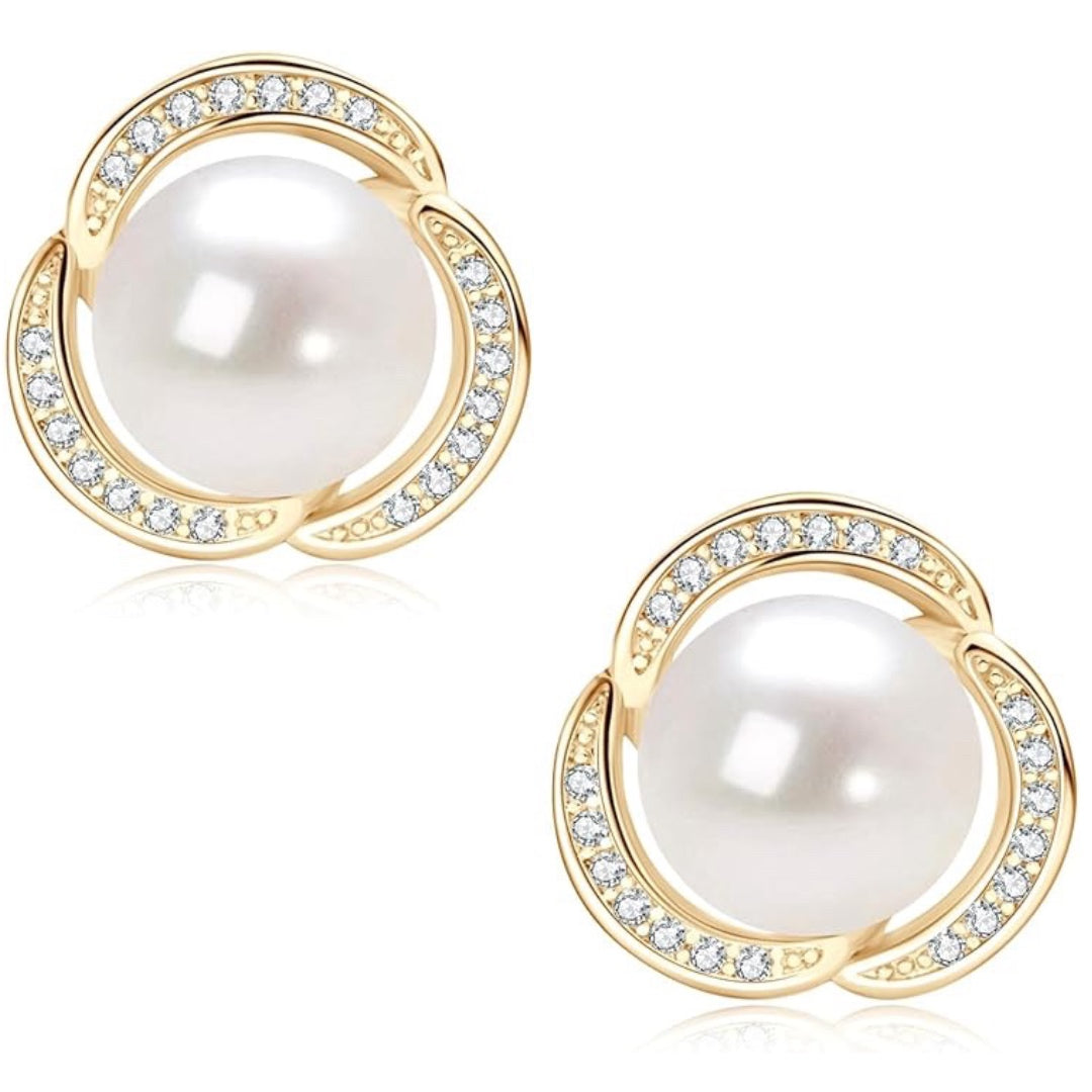 Pearl Stud Earrings 14K Gold Plated Freshwater Cultured White Pearl Jewelry Gifts