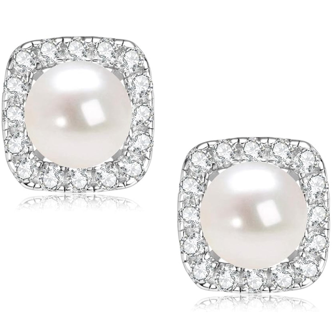 Pearl Stud Earrings Sterling Silver Dainty Pearl Earrings with Cubic Zircon Pearl Wedding Jewelry Gift