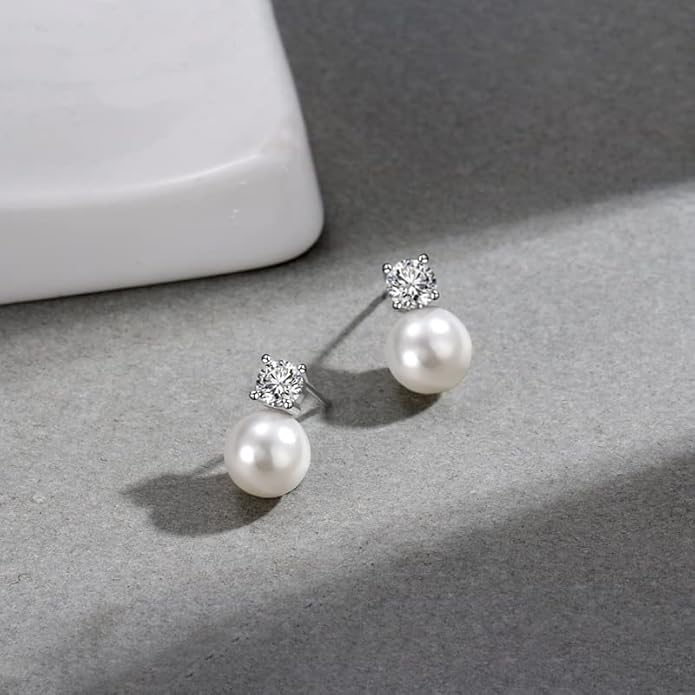 Pearl Stud Earrings June Birthstone Freshwater Cultured Shell White Pearl Drop Silver Earrings