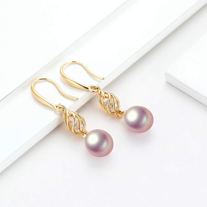 Pendientes colgantes de perlas cultivadas de agua dulce para mujer, de plata de ley chapada en oro de 14 quilates.