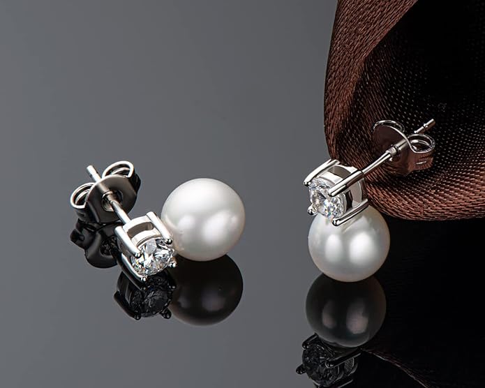 Pearl Stud Earrings June Birthstone Freshwater Cultured Shell White Pearl Drop Silver Earrings