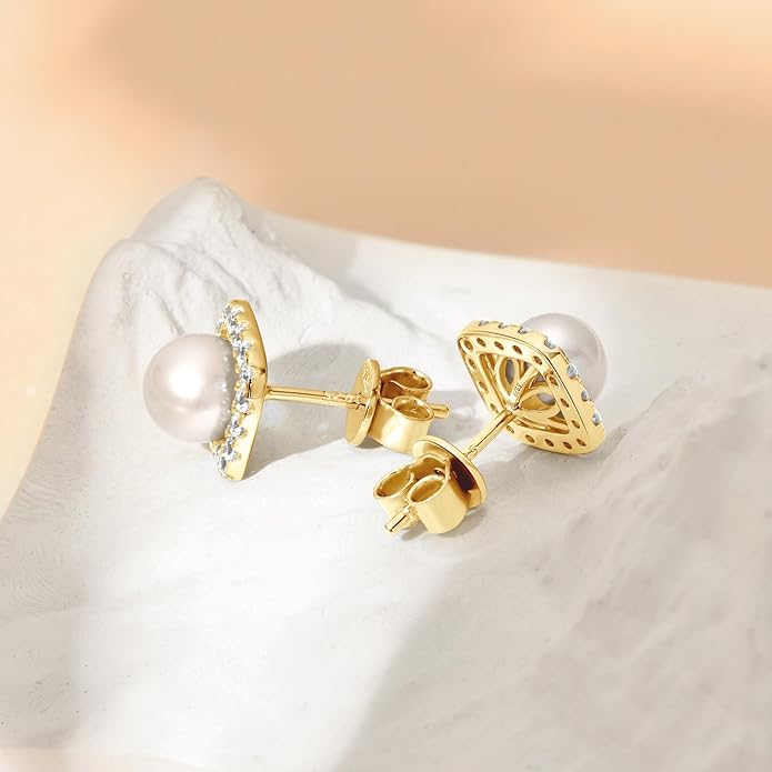 Pearl Stud Earrings Sterling Silver Dainty Pearl Earrings with Cubic Zircon Pearl Wedding Jewelry Gift