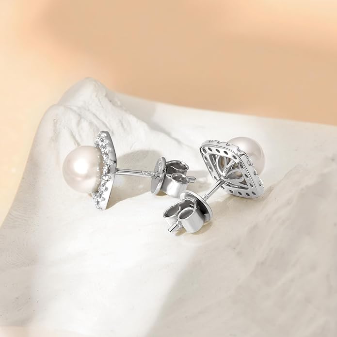 Pearl Stud Earrings Sterling Silver Dainty Pearl Earrings with Cubic Zircon Pearl Wedding Jewelry Gift