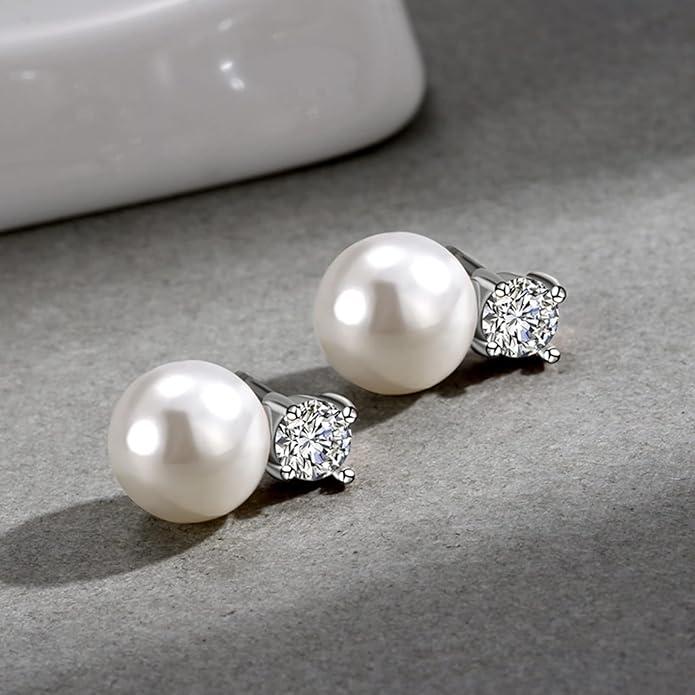 Pearl Stud Earrings June Birthstone Freshwater Cultured Shell White Pearl Drop Silver Earrings