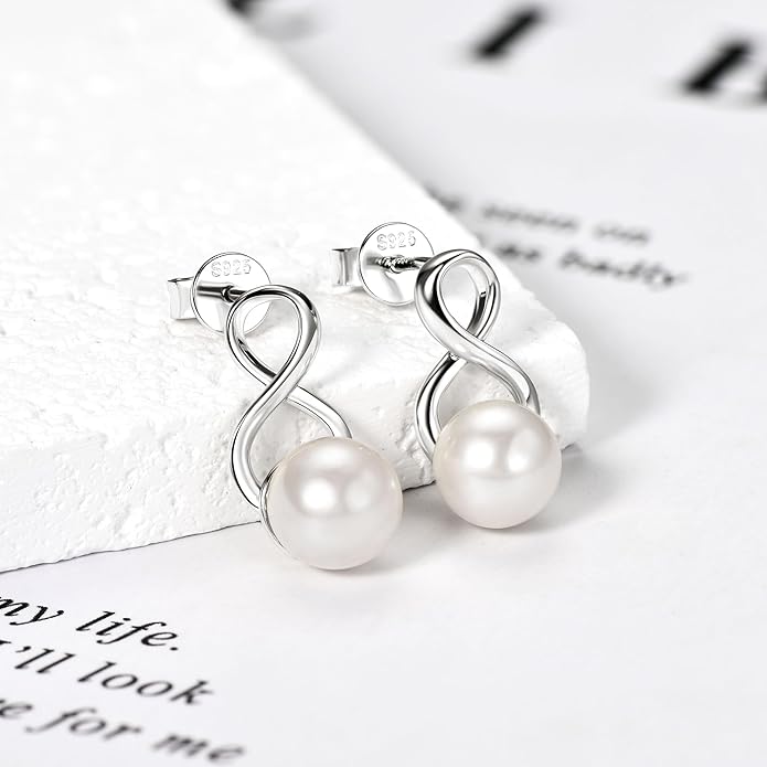 Freshwater Pearl Drop Earrings for Women, 925 Sterling Silver Infinity Pearl Drop Earrings