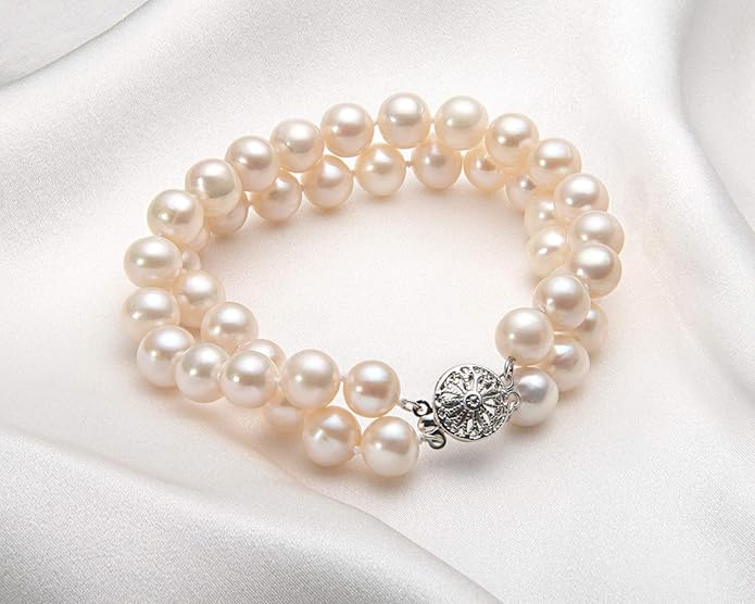 Double Row Pearl Bracelet Two Strand Freshwater Cultured White Pearl Bracelets