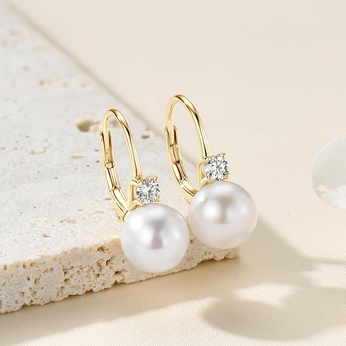 Pearl Hoop Earrings Sterling Silver Freshwater Cultured White Pearl Drop Dangle Earring
