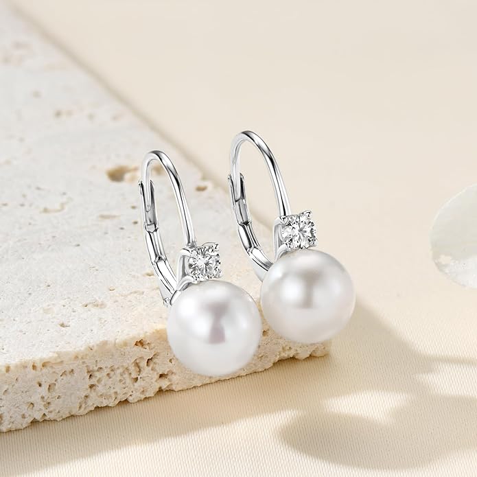 Pearl Hoop Earrings Sterling Silver Freshwater Cultured White Pearl Drop Dangle Earring