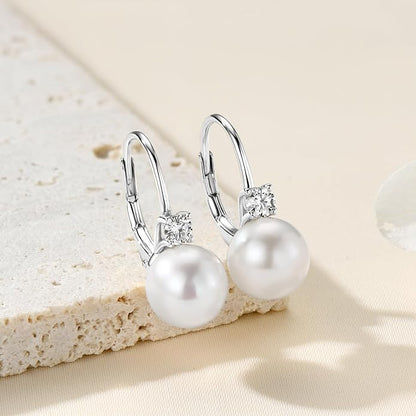 Pearl Hoop Earrings Sterling Silver Freshwater Cultured White Pearl Drop Dangle Earring