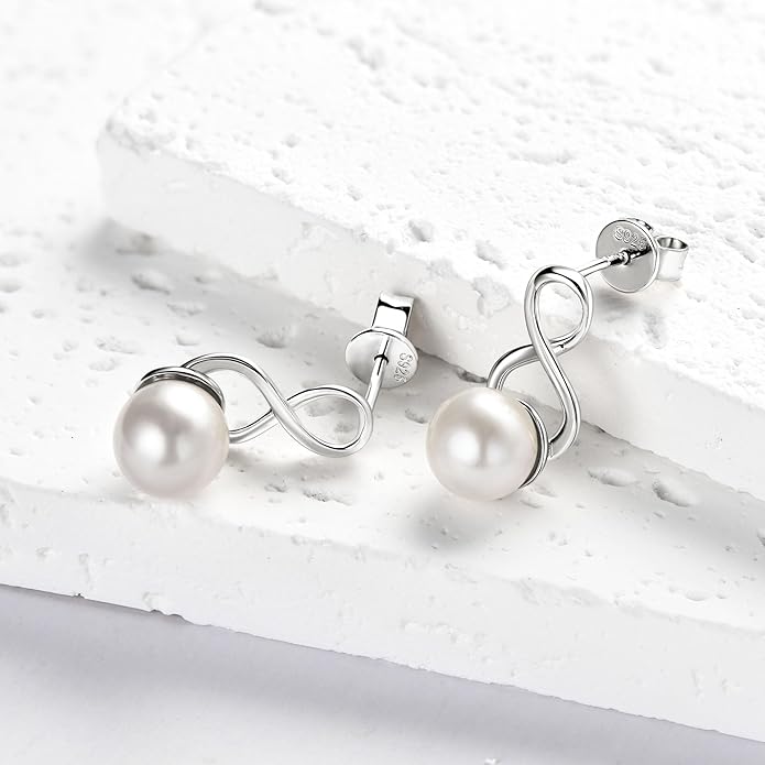 Freshwater Pearl Drop Earrings for Women, 925 Sterling Silver Infinity Pearl Drop Earrings