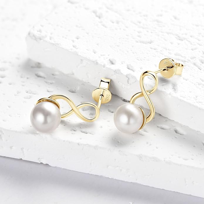 Freshwater Pearl Drop Earrings for Women, 925 Sterling Silver Infinity Pearl Drop Earrings