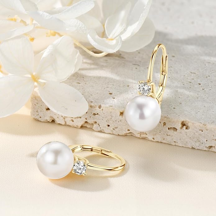 Pearl Hoop Earrings Sterling Silver Freshwater Cultured White Pearl Drop Dangle Earring
