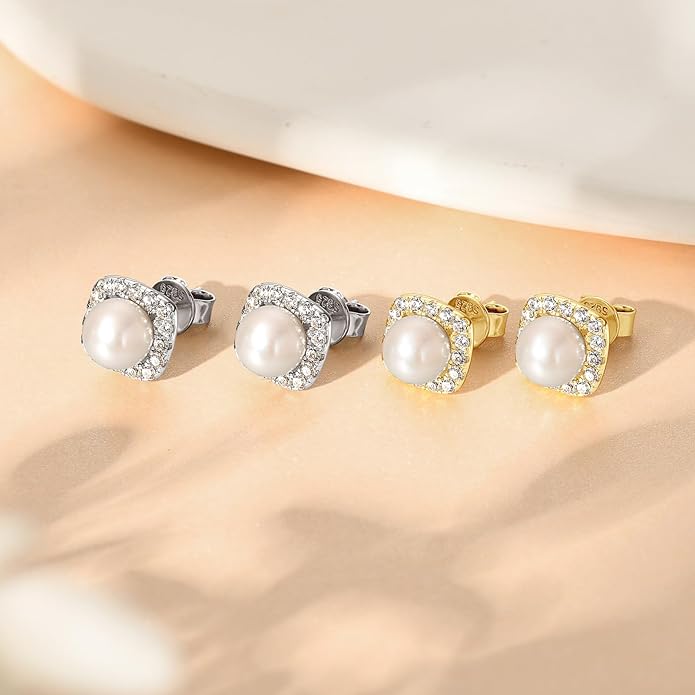 Pearl Stud Earrings Sterling Silver Dainty Pearl Earrings with Cubic Zircon Pearl Wedding Jewelry Gift