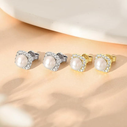 Pearl Stud Earrings Sterling Silver Dainty Pearl Earrings with Cubic Zircon Pearl Wedding Jewelry Gift