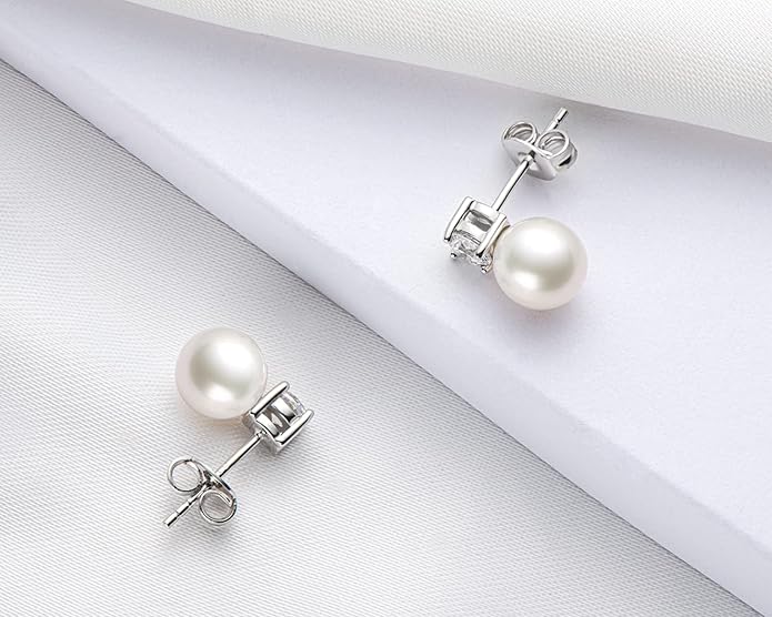 Pearl Stud Earrings June Birthstone Freshwater Cultured Shell White Pearl Drop Silver Earrings