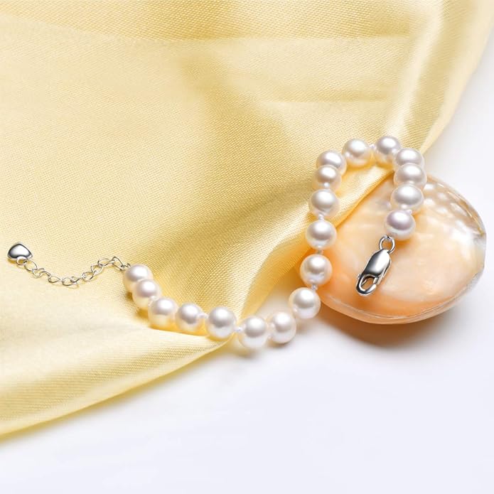 Pearl Bracelets 925 Sterling Silver Round White Freshwater Cultured Pearls Bracelet Gifts