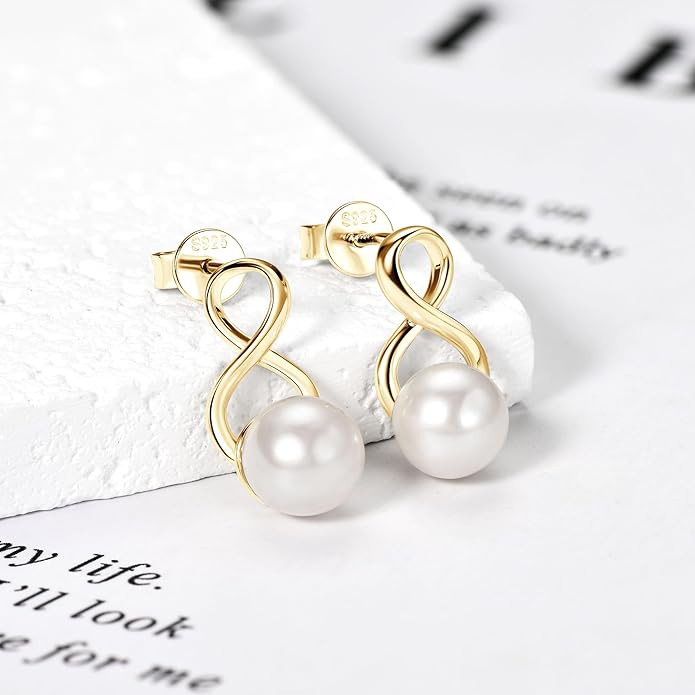 Freshwater Pearl Drop Earrings for Women, 925 Sterling Silver Infinity Pearl Drop Earrings