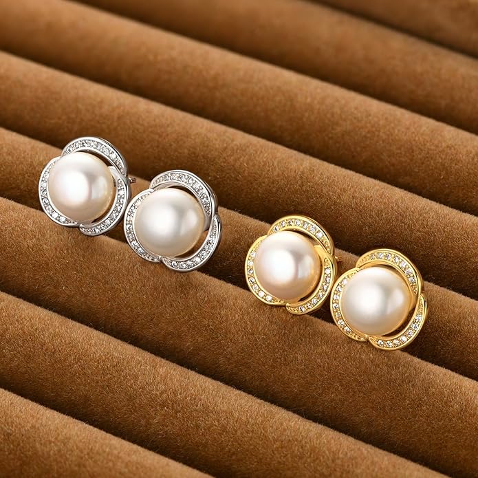 Pearl Stud Earrings 14K Gold Plated Freshwater Cultured White Pearl Jewelry Gifts