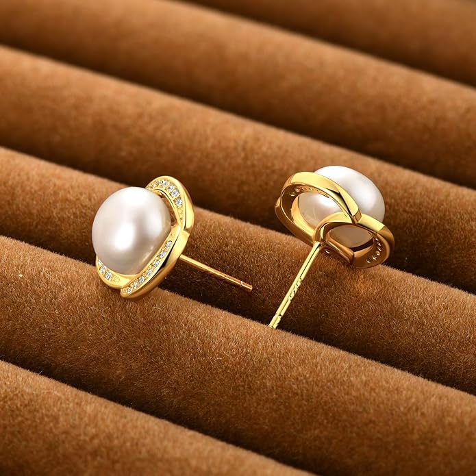 Pearl Stud Earrings 14K Gold Plated Freshwater Cultured White Pearl Jewelry Gifts