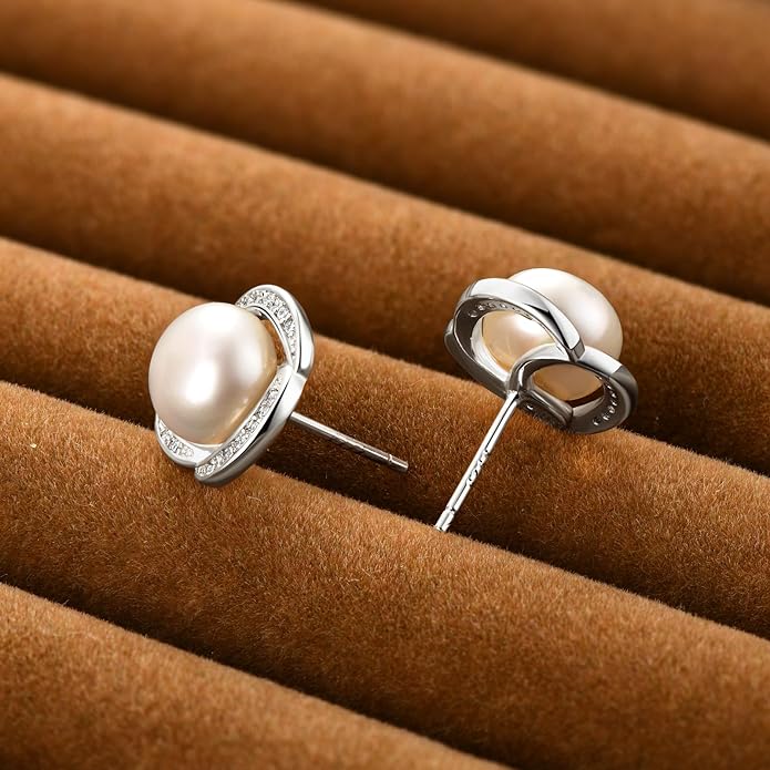 Pearl Stud Earrings 14K Gold Plated Freshwater Cultured White Pearl Jewelry Gifts